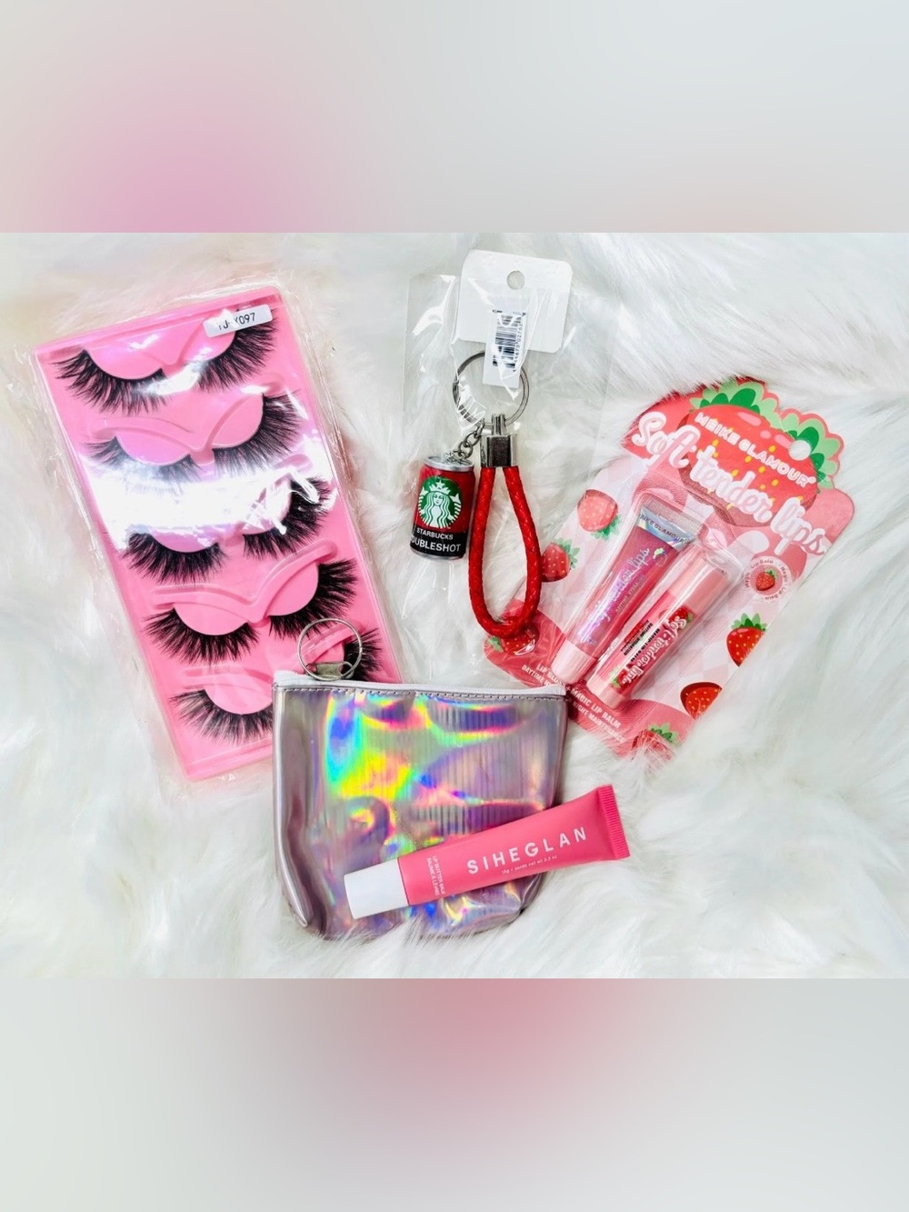 5 Pc Beauty Accessory Bundle Lashes, Lip Gloss, Pouch + Starbucks Keychain